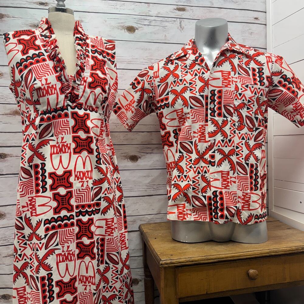 VTG McDonalds Uniform Men Hawaiian Camp Shirt & Woman Mumu Dress Employee Luau